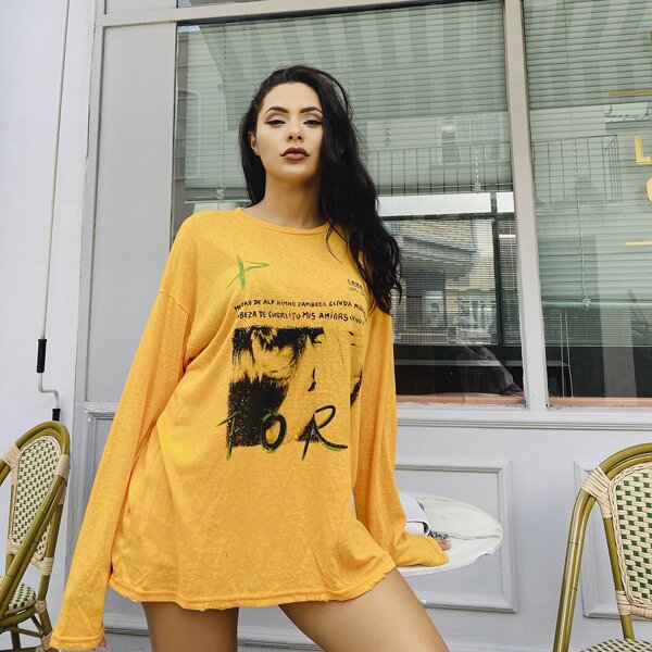 

MeysiKim Drop Shoulder Slogan & Figure Graphic Tee, Mustard yellow