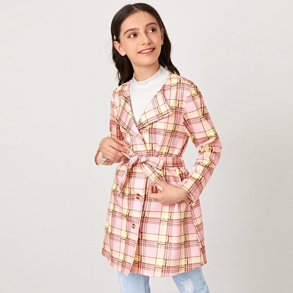 

Girls Self Belted Single Breasted Plaid Coat, Multicolor
