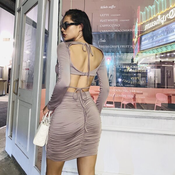

Tie Backless Ruched Dress, Dusty purple