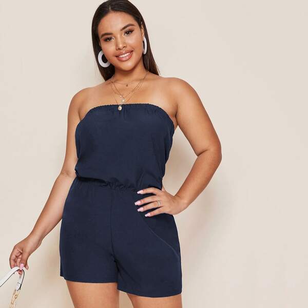 

Plus Solid High Waist Tube Romper, Navy blue