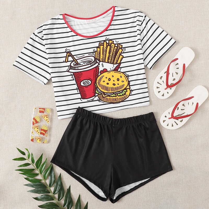 

Hamburger Graphic Striped Shorts PJ Set, Multicolor