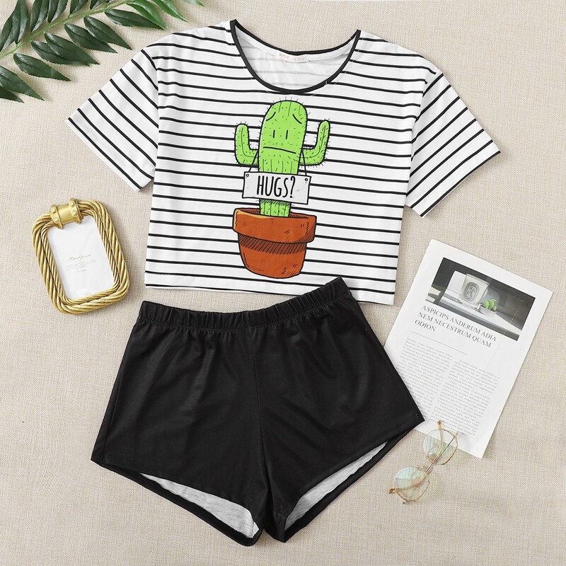 

Cactus Graphic Striped Shorts PJ Set, Black and white