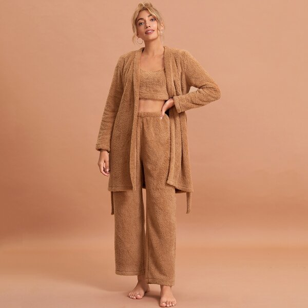 

3pack Solid Flannel PJ Set And Belted Robe, Brown