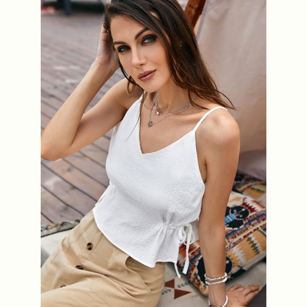 

Textured Drawstring Side Cami Top, White