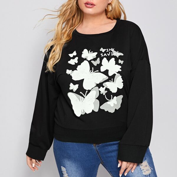 

Plus Butterfly & Letter Graphic Sweatshirt, Black