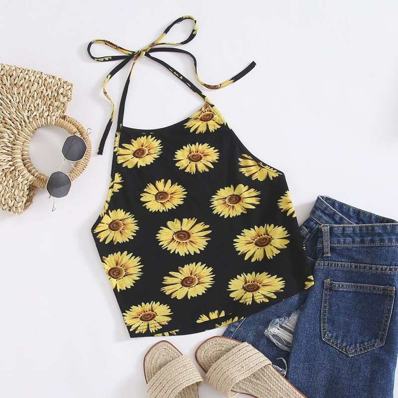 

Sunflower Print Halter Crop Top, Black