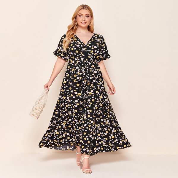 

Plus Allover Floral Print Surplice Neck Self Belted Dress, Black