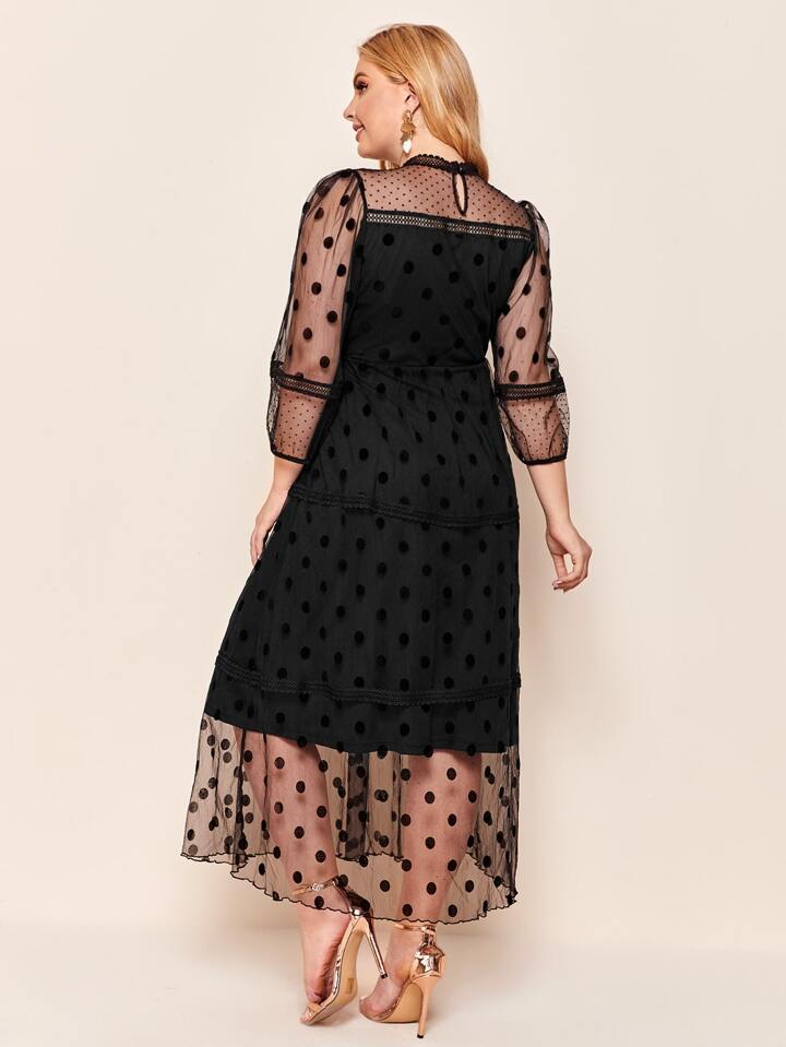 Our Plus Lace Detail Polka Dot Mesh Overlay Dress is such a vibe - ROMWE