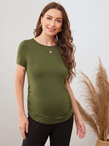 SHEIN Maternity Ruched Detail Form Fitted Tee - Army Green - View 5
