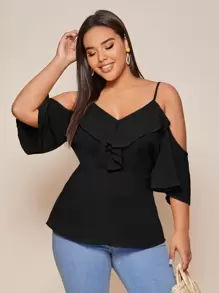 Plus Ruffle Cold Shoulder Blouse - Black - View 1