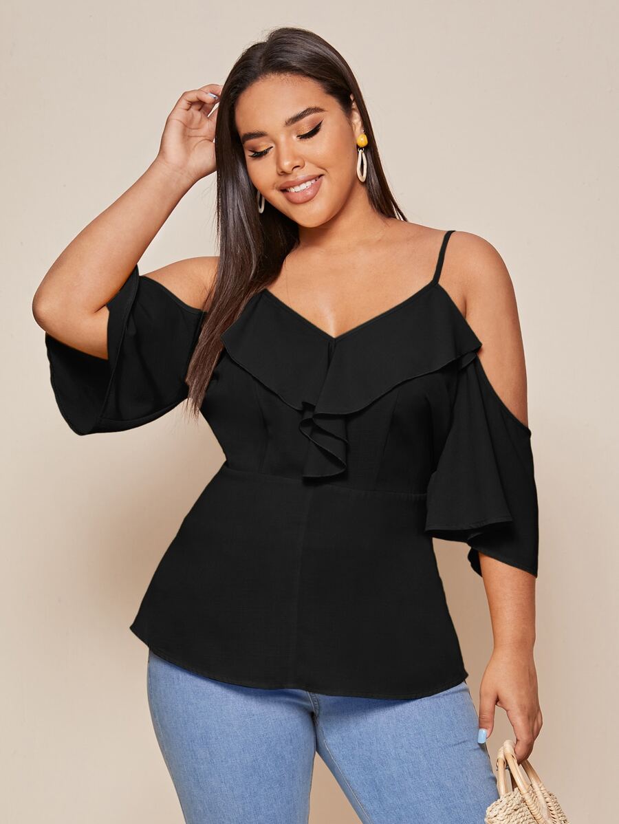 Plus Ruffle Cold Shoulder Blouse - Black - View 1