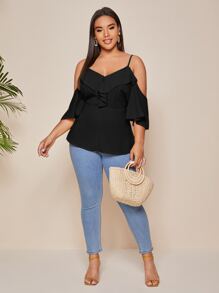 Plus Ruffle Cold Shoulder Blouse - Black - View 3