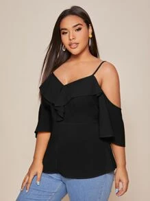 Plus Ruffle Cold Shoulder Blouse - Black - View 4