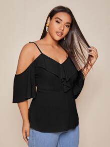Plus Ruffle Cold Shoulder Blouse - Black - View 5