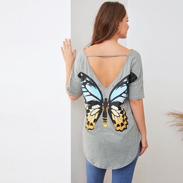 

Maternity Butterfly Print V-cut Back Dip Hem Top, Light grey