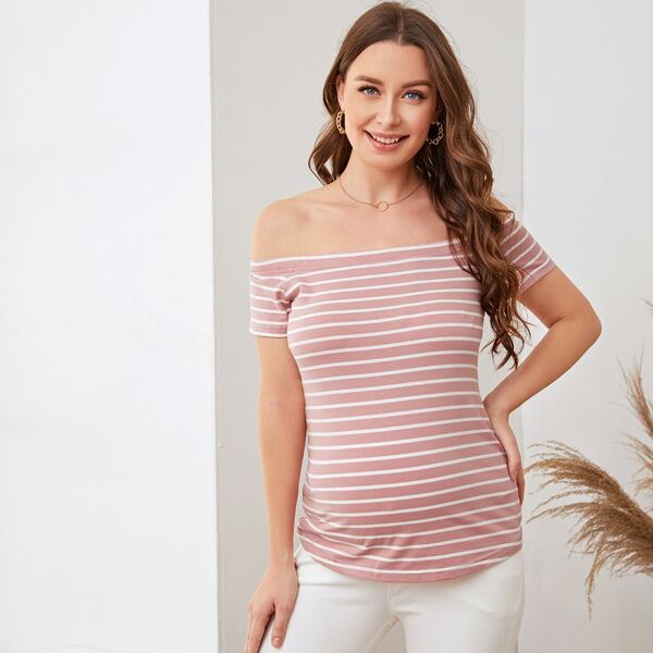 

Maternity Off Shoulder Striped Tee, Pastel dusty pink