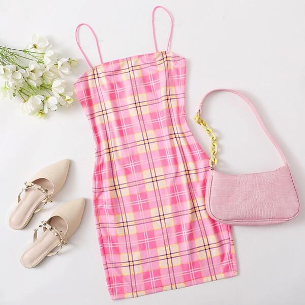 

Plaid Bodycon Slip Dress, Pink