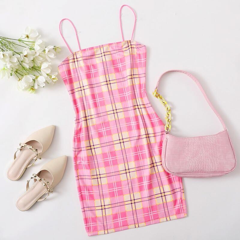 

Plaid Bodycon Slip Dress, Pink