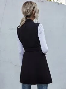 SHEIN LUNE Lapel Collar Double Breasted Belted Vest - Black - View 2