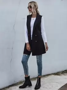 SHEIN LUNE Lapel Collar Double Breasted Belted Vest - Black - View 3