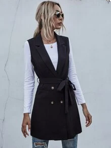 SHEIN LUNE Lapel Collar Double Breasted Belted Vest - Black - View 5