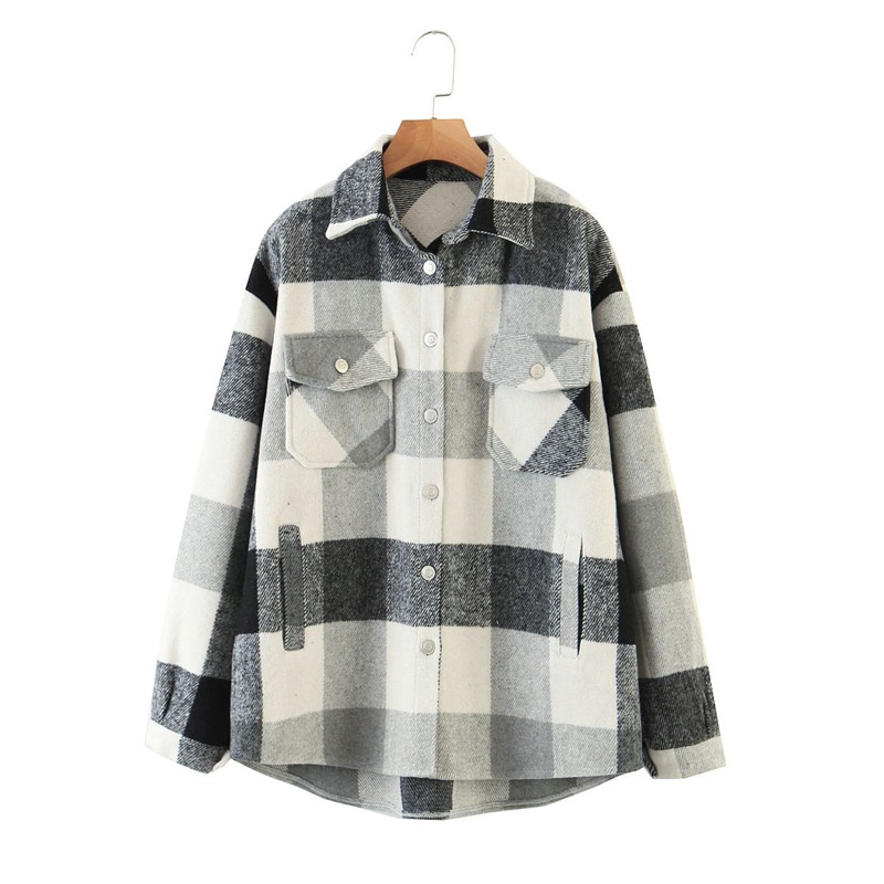 

Button Front Buffalo Plaid Tweed Coat, Black and white