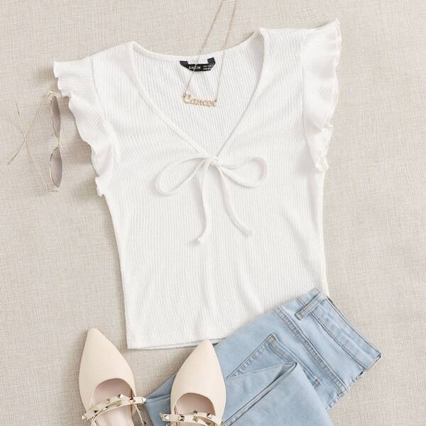 

Tie Front Ruffle Armhole Rib-knit Top, White
