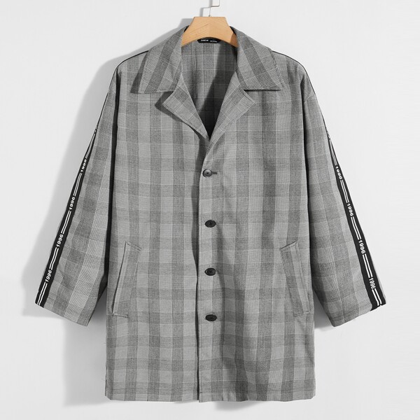 

Men Notch Collar Tape Side Glen Plaid Coat, Grey