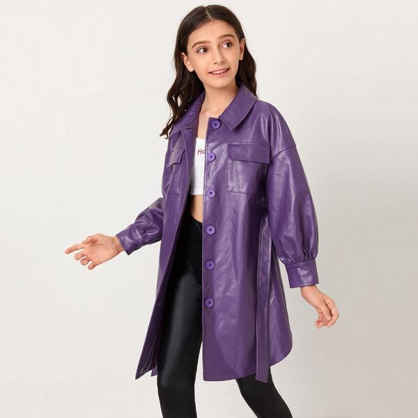 

Girls Flap Pocket Front Drop Shoulder Self Belted PU Leather Coat, Violet purple