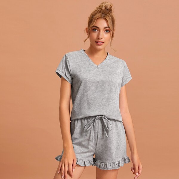 

V-neck Tee & Tie Front Ruffle Hem Shorts PJ Set, Grey