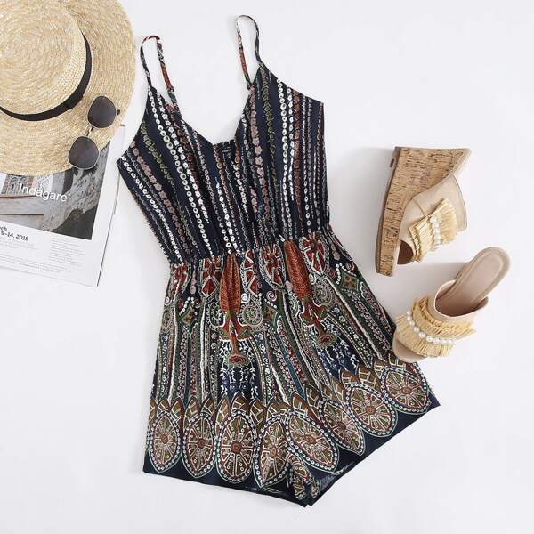 

Tribal Print Surplice Neck Cami Romper, Multicolor