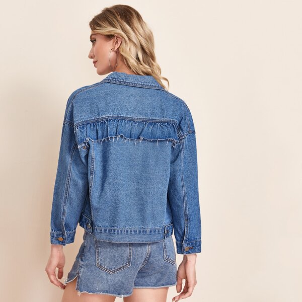 

Ruffle Trim Flap Pocket Denim Jacket, Medium wash