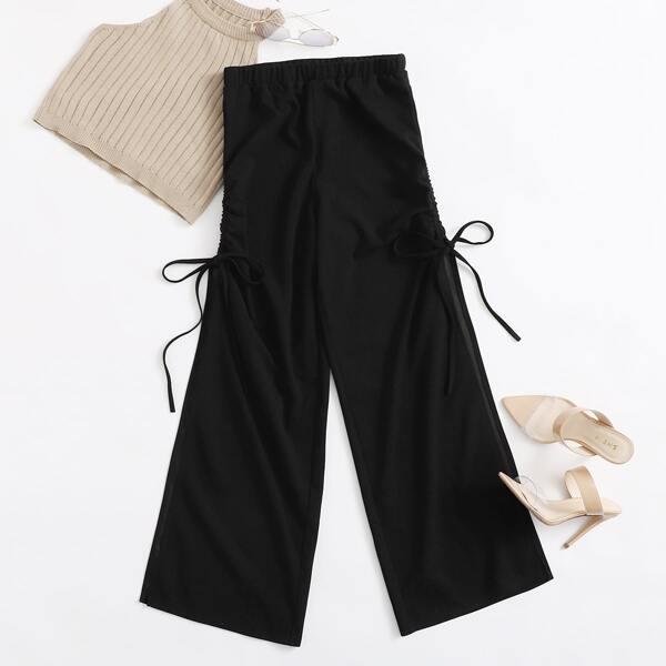 

Split Thigh Drawstring Knot Side Pants, Black