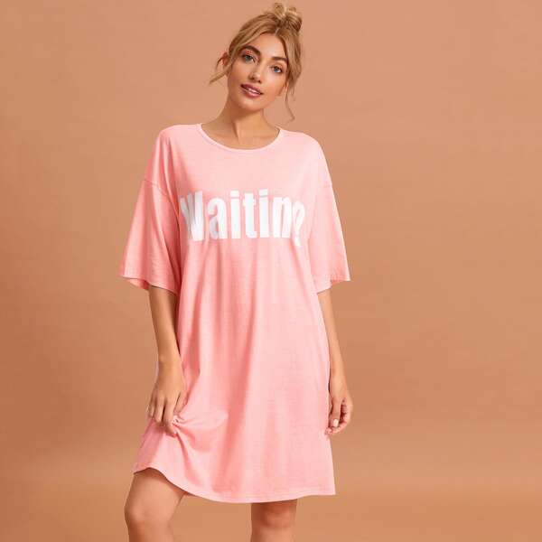

Letter Graphic Night Dress, Coral pink