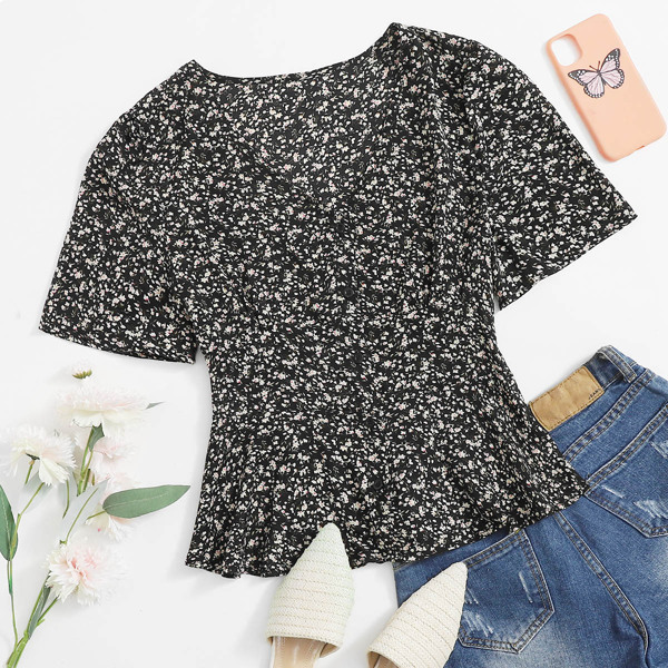 

Ditsy Floral Button Front Peplum Blouse, Black