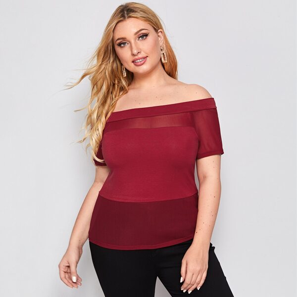 

Plus Sheer Mesh Panel Foldover Off Shoulder Top, Burgundy