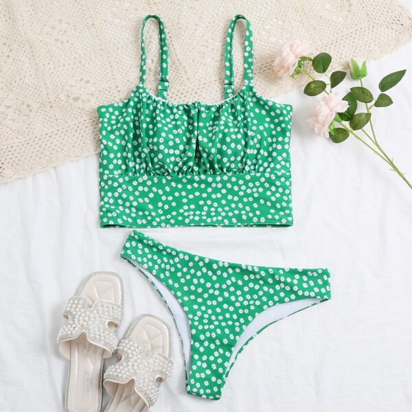 

Ditsy Floral Ruched Bust Bikini Swimsuit, Green
