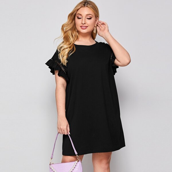 

Plus Guipure Lace Insert Ruffle Cuff Dress, Black
