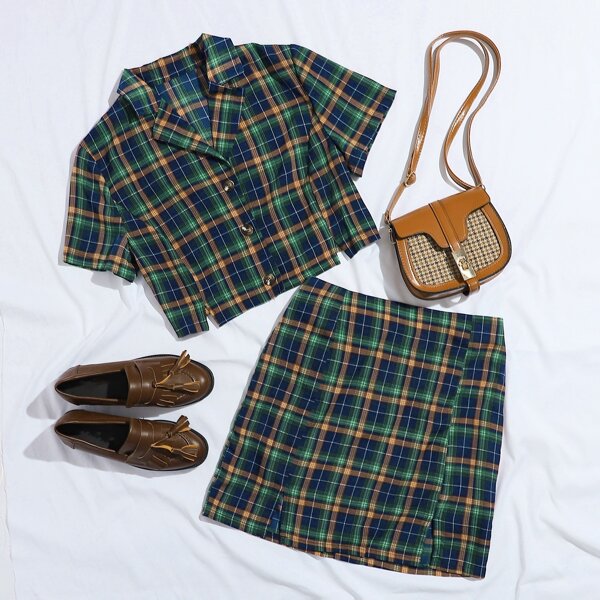 

M-slit Button Front Tartan Top & Skirt Set, Multicolor