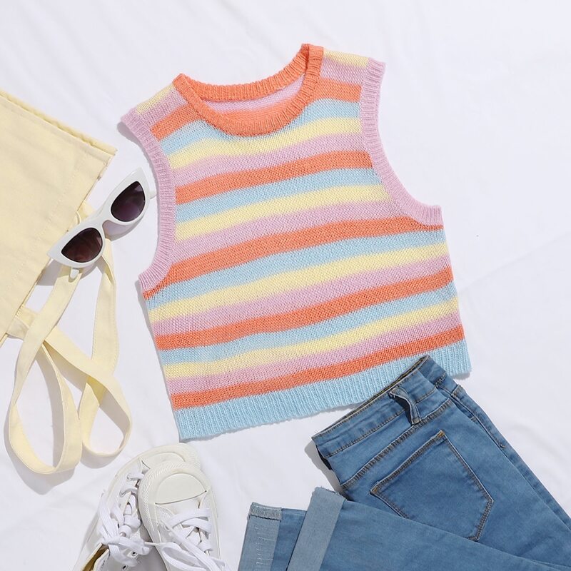 

Rainbow Striped Crop Sweater Vest, Multicolor
