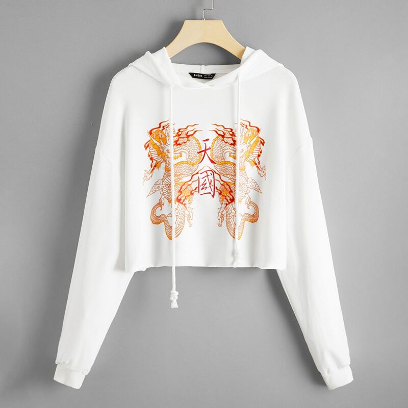 

Drop Shoulder Chinese Dragon & Letter Graphic Crop Hoodie, White