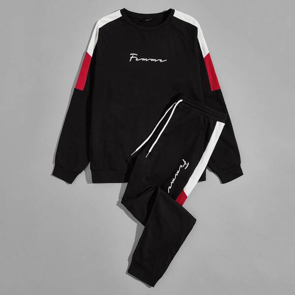 

Men Contrast Sideseam Letter Pullover and Joggers Set, Black