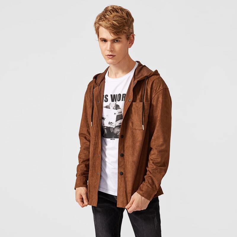 

Guys Single Breasted Patch Pocket Hooded Coat, Coffee brown