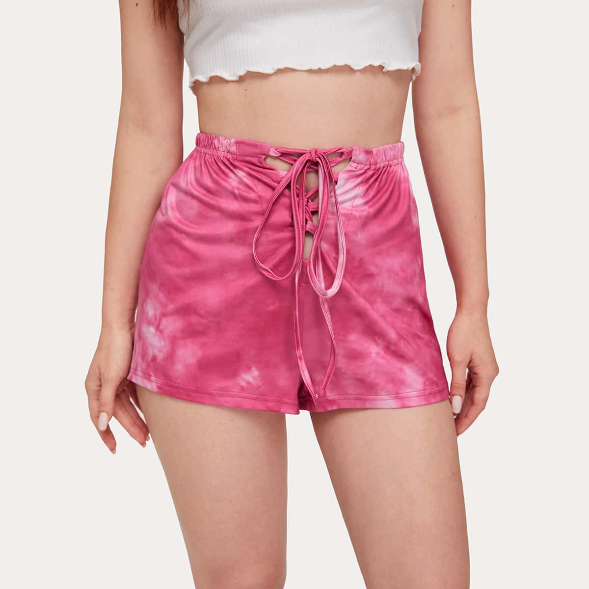 

Tie Dye Lace Up Front Shorts, Pink