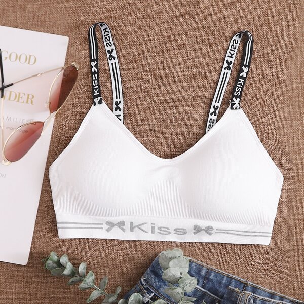 

Ribbed Letter Print Bralette, White