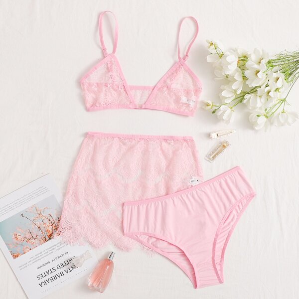 

Floral Lace Lingerie Set & Skirt, Baby pink