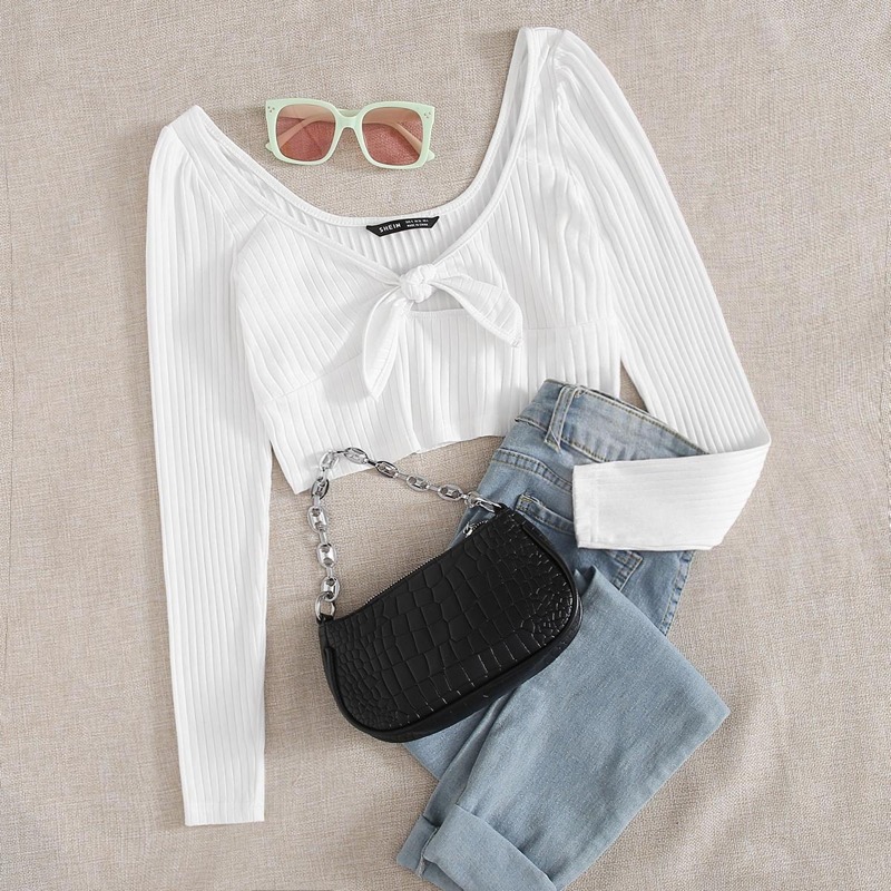 

Tie Front Rib-knit Peekaboo Crop Top, White