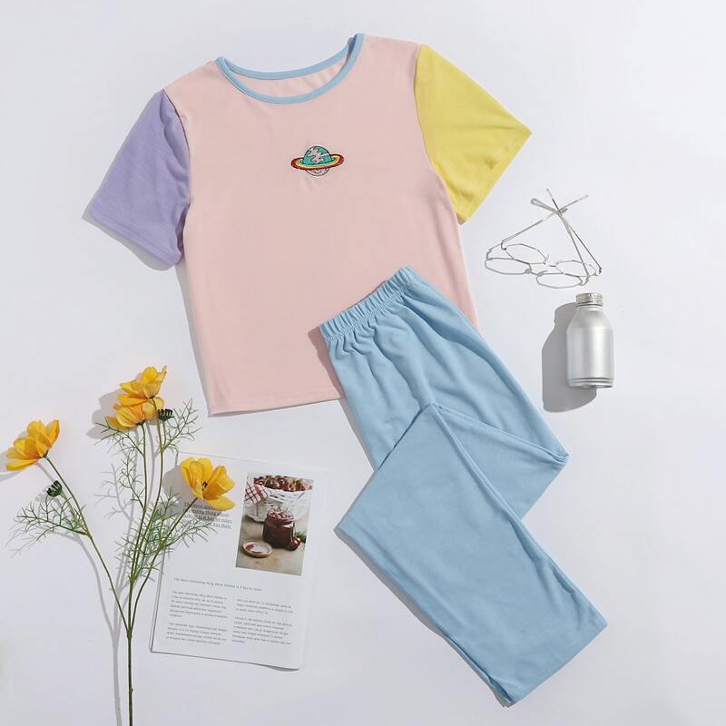 

Colorblock Planet Embroidery PJ Set, Multicolor