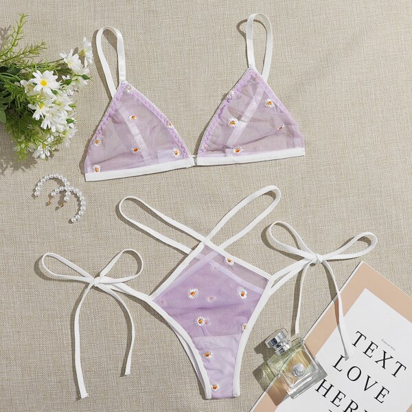 

Daisy Tie Side Sheer Mesh Lingerie Set, Lilac purple