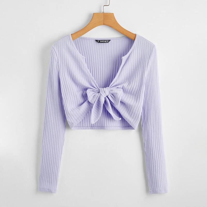 

Tie Front Rib-knit Solid Top, Pastel lilac purple
